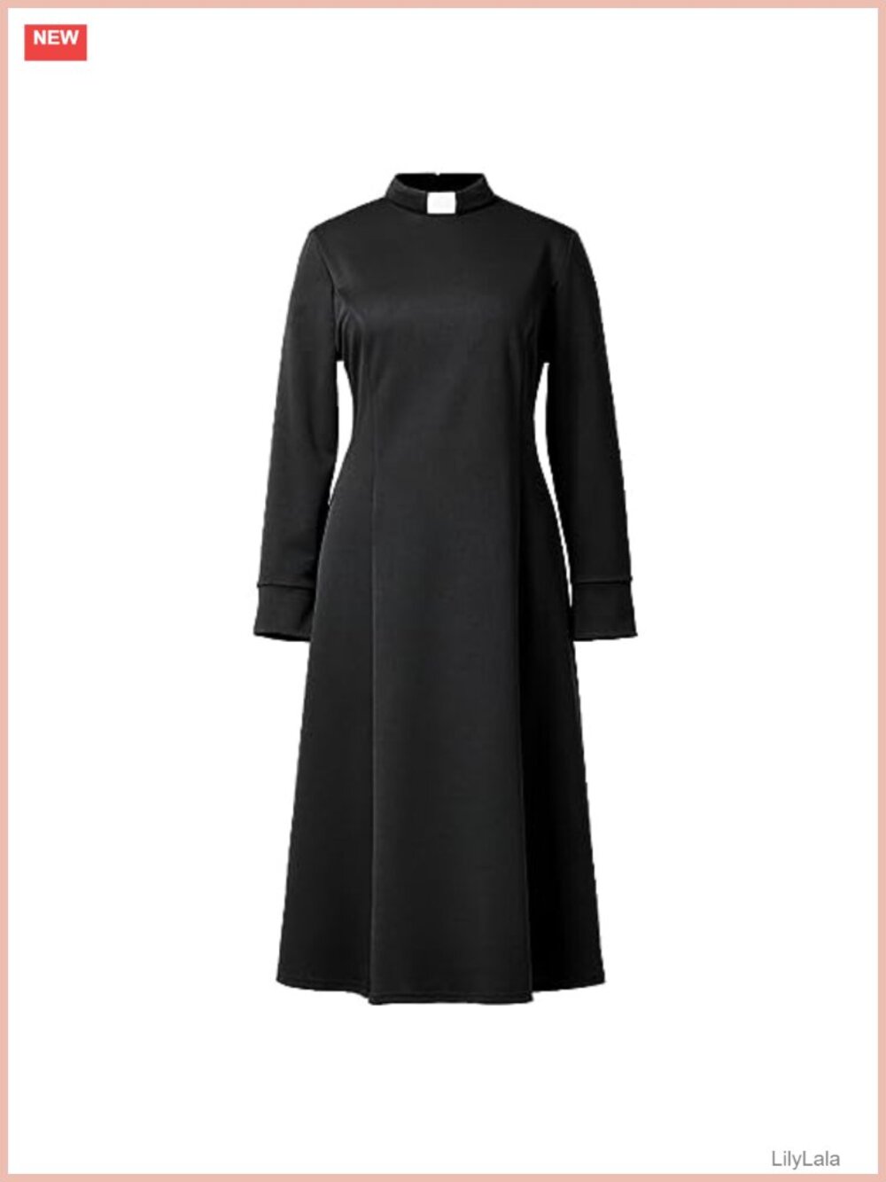 Clergy Dress Long Sleeve Tab Insert Stand Collar A-Line Knee-Length